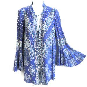 Free People Mini Dress Blue Purple Geo Floral Long Bell Sleeves Ruffle Collar